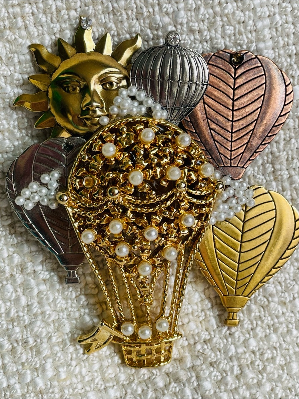 Artisan Mixed Metals Collage Sun Hot Air Balloon Statement Brooch 3"L